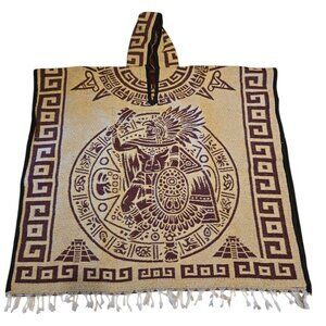 Mexican Poncho with National Emblem and Aztec Calendar Design | Black